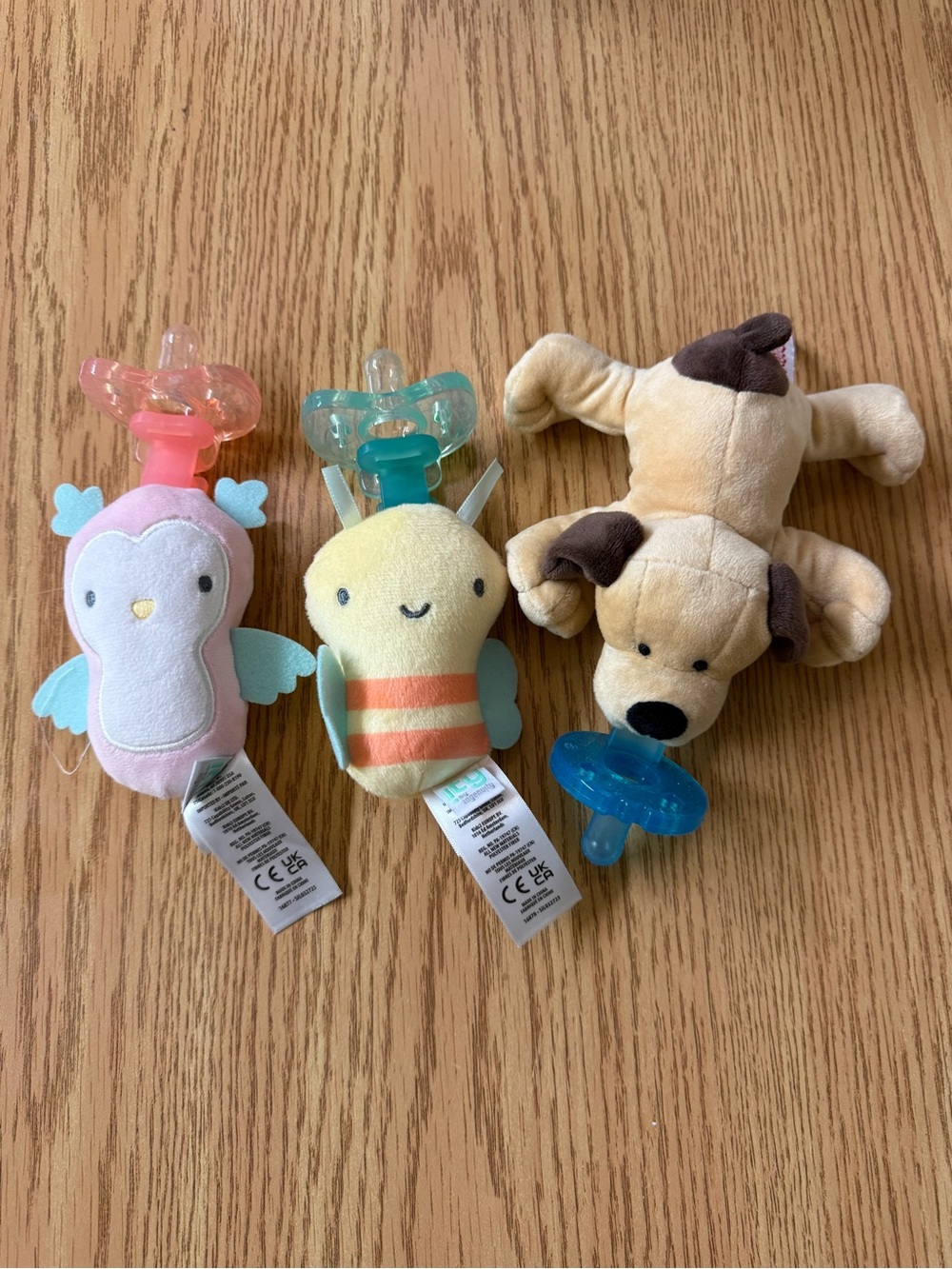 Plush Pacifier Buddy Set - Pink Penguin, Yellow Bee & Cream Dog